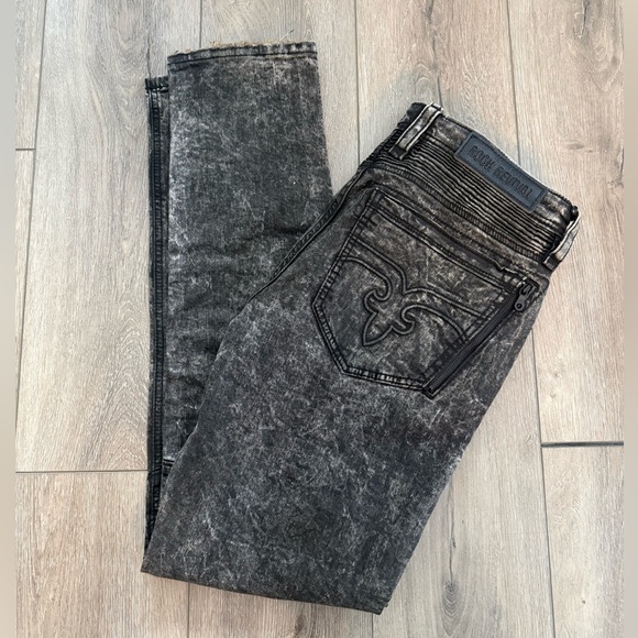 NWT ROCK REVIVAL SOHAN SZ 33 (33W×32L) TAPERED SLIM BLACK ACID WASH MOTO JEANS